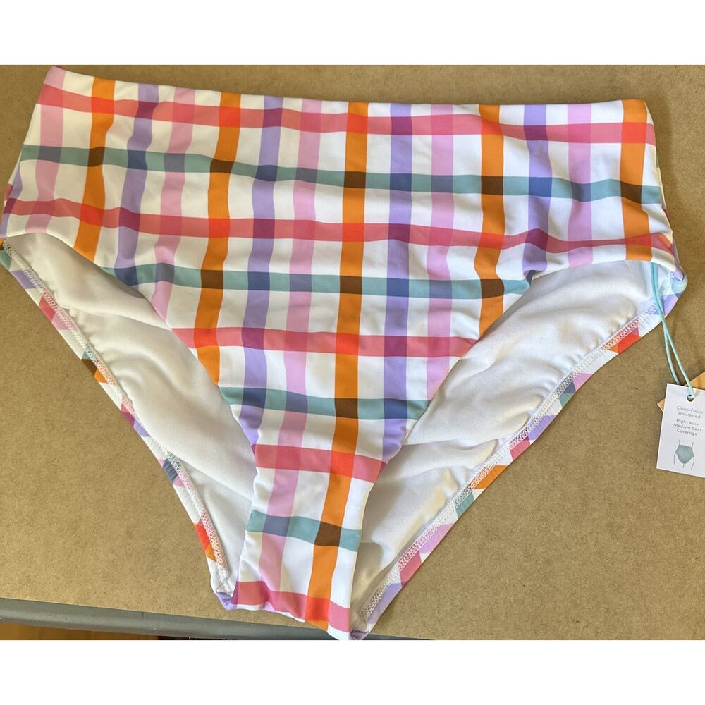 Kona Sol Women's Plaid High Waist Bikini Bottom Size Large 12-14